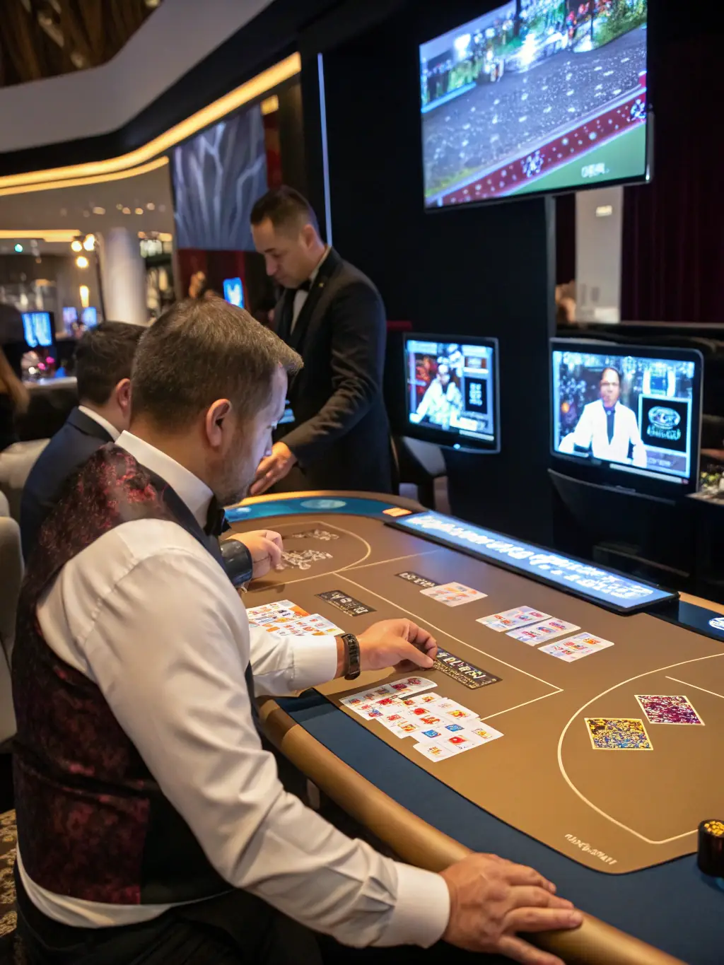 An image depicting a live casino setting with a professional dealer at a blackjack table, interacting with players in real-time.