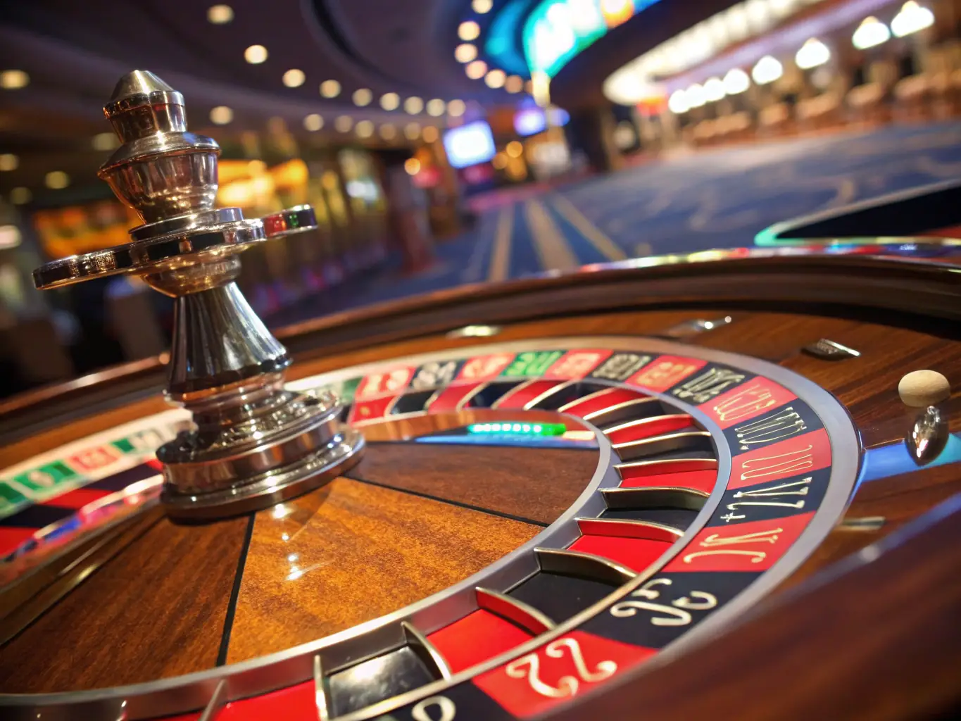 A vibrant image showcasing a roulette wheel spinning in a casino setting, surrounded by excited players.